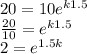 20 = 10e^{k1.5}\\\frac{20}{10}  = e^{k1.5}\\2 = e^{1.5k}