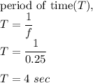{\rm period\ of\ time}(T),\\T=\dfrac{1}{f}\\T=\dfrac{1}{0.25}\\\\T=4\ sec