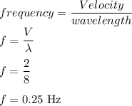 frequency=\dfrac{Velocity}{wavelength}\\f=\dfrac{V}{\lambda}\\\\f=\dfrac{2}{8}\\\\f= 0.25\ \rm Hz
