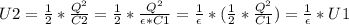 U2 = \frac{1}{2}*\frac{Q^{2}}{C2} = \frac{1}{2}*\frac{Q^{2}}{\epsilon*C1} = \frac{1}{\epsilon} *( \frac{1}{2}*\frac{Q^{2}}{C1}) = \frac{1}{\epsilon} * U1