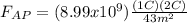 F_{AP}=(8.99x10^{9})\frac{(1C)(2C)}{43m^{2}}