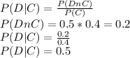 P(D | C) = \frac{P (D n C)}{P(C)}\\P(D n C) = 0.5 * 0.4 = 0.2\\P(D | C) = \frac{0.2}{0.4}\\P(D | C) = 0.5