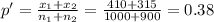 p'= \frac{x_1+x_2}{n_1+n_2}= \frac{410+315}{1000+900}= 0.38