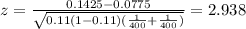 z=\frac{0.1425-0.0775}{\sqrt{0.11(1-0.11)(\frac{1}{400}+\frac{1}{400})}}=2.938