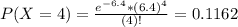 P(X = 4) = \frac{e^{-6.4}*(6.4)^{4}}{(4)!} = 0.1162