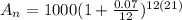 A_{n}= 1000(1+\frac{0.07}{12})^{12(21)}