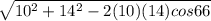 \sqrt{10^{2} + 14^{2} -2(10)(14)cos 66}