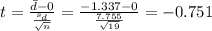 t=\frac{\bar d -0}{\frac{s_d}{\sqrt{n}}}=\frac{-1.337 -0}{\frac{7.755}{\sqrt{19}}}=-0.751