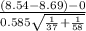 \frac{(8.54-8.69) - 0 }{0.585\sqrt{\frac{1}{37}+\frac{1}{58}  } }