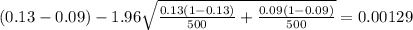 (0.13-0.09) - 1.96 \sqrt{\frac{0.13(1-0.13)}{500} +\frac{0.09(1-0.09)}{500}}=0.00129