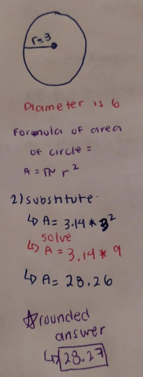 Find the area of the circle r=3 ft.