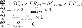 \frac{dQ}{dt} = SC_{in} \times FR_{in} - SC_{tank} \times FR_{out}\\\frac{dQ}{dt}  =2 \times 3- \frac{Q}{400+2t}\times 1\\\frac{dQ}{dt}  =6- \frac{Q}{400+2t}\times 1\\\frac{dQ}{dt} +\frac{Q}{400+2t}=6