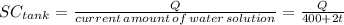 SC_{tank}=\frac{Q}{current \,amount\, of\, water\, solution} =\frac{Q}{400 + 2t}