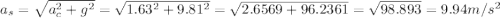 a_s = \sqrt{a_c^2 + g^2} = \sqrt{1.63^2 + 9.81^2} = \sqrt{2.6569 + 96.2361} = \sqrt{98.893} = 9.94 m/s^2