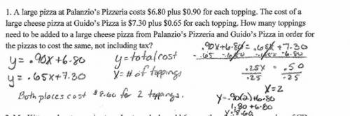 A large pizza at Palanzio’s Pizzeria costs $6.80 plus $0.90 for each topping. The cost of a large ch