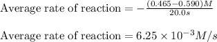 \text{Average rate of reaction}=-\frac{(0.465-0.590)M}{20.0s}\\\\\text{Average rate of reaction}=6.25\times 10^{-3}M/s