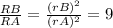 \frac{RB}{RA} = \frac{(rB)^{2}}{(rA)^{2} }  = 9