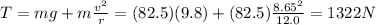 T=mg+m\frac{v^2}{r}=(82.5)(9.8)+(82.5)\frac{8.65^2}{12.0}=1322 N