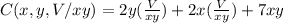 C(x,y,V/xy)= 2y (\frac{V}{xy}) +2x(\frac{V}{xy})+ 7xy
