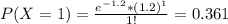 P(X = 1) = \frac{e^{-1.2}*(1.2)^{1}}{1!} = 0.361
