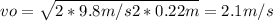 vo = \sqrt{2*9.8 m/s2*0.22m} = 2.1 m/s