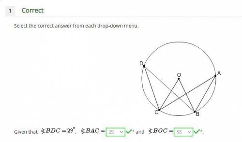 Select the correct answer from each drop-down menu. Given that ,∡BDC=29°, ∡BAC=____ °and ∡BOC=____°