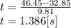 t=\frac{46.45-32.85}{9.81} \\t= 1.386[s]