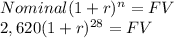 Nominal(1+r)^n = FV\\2,620(1+r)^{28} = FV