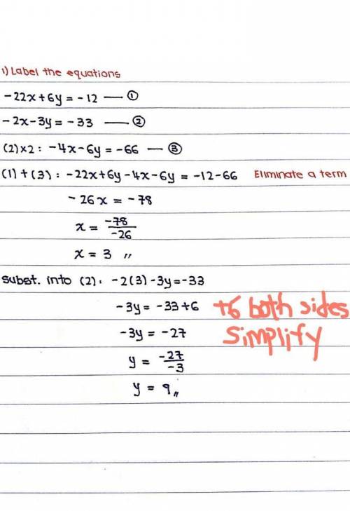 Solve using elimination-22x+6y= -12-2x-3y= -33kinda need the answer soon