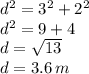 d^2=3^2+2^2\\d^2=9+4\\d=\sqrt{13}\\d=3.6\,  m
