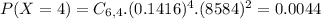 P(X = 4) = C_{6,4}.(0.1416)^{4}.(8584)^{2} = 0.0044