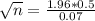 \sqrt{n} = \frac{1.96*0.5}{0.07}