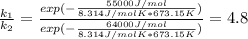 \frac{k_1}{k_2}=\frac{exp(-\frac{55000J/mol}{8.314J/molK*673.15K} )}{exp(-\frac{64000J/mol}{8.314J/molK*673.15K} )} =4.8