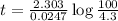 t=\frac{2.303}{0.0247}\log\frac{100}{4.3}