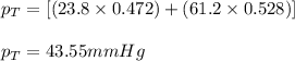 p_T=[(23.8\times 0.472)+(61.2\times 0.528)]\\\\p_T=43.55mmHg