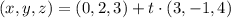 (x,y, z) = (0, 2, 3) + t\cdot (3, -1, 4)