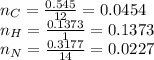 n_C=\frac{0.545}{12}=0.0454\\n_H=\frac{0.1373}{1}=0.1373\\n_N=\frac{0.3177}{14}=0.0227