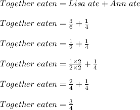 Together\ eaten = Lisa\ ate + Ann\ ate\\\\Together\ eaten = \frac{3}{6} + \frac{1}{4}\\\\Together\ eaten = \frac{1}{2} + \frac{1}{4}\\\\Together\ eaten = \frac{1 \times 2}{2 \times 2} + \frac{1}{4}\\\\Together\ eaten = \frac{2}{4} + \frac{1}{4}\\\\Together\ eaten = \frac{3}{4}