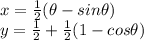 x=\frac{1}{2}(\theta-sin \theta)\\y=\frac{1}{2}+\frac{1}{2}(1-cos \theta)