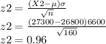 z2=\frac{(X2-\mu)\sigma}{\sqrt{n}}\\z2=\frac{(27300-26800)6600}{\sqrt{160}}\\z2=0.96