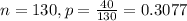 n = 130, p = \frac{40}{130} = 0.3077