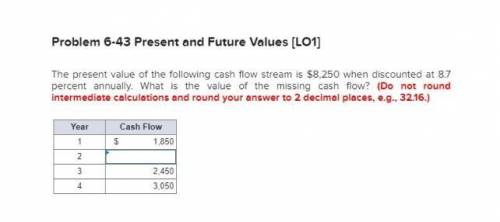 The present value of the following cash flow stream is $8,250 when discounted at 8.7 percent annuall