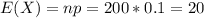 E(X)=np=200*0.1=20
