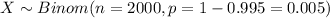 X \sim Binom(n=2000, p=1-0.995= 0.005)
