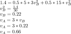 1.4 = 0.5 * 5 * 3v_B^2 + 0.5 * 15 * v_B^2\\v_B^2 = \frac{1.4}{30} \\v_B = 0.22\\v_A = 3 * v_B\\v_A = 3* 0.22\\v_A = 0.66