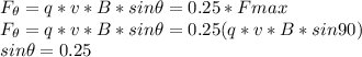 F_{\theta} = q*v*B*sin \theta = 0.25*Fmax\\ F_{\theta} = q*v*B*sin\theta= 0.25 (q*v*B*sin 90) \\ sin \theta = 0.25