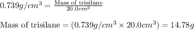 0.739g/cm^3=\frac{\text{Mass of trisilane}}{20.0cm^3}\\\\\text{Mass of trisilane}=(0.739g/cm^3\times 20.0cm^3)=14.78g