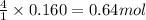 \frac{4}{1}\times 0.160=0.64mol