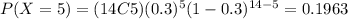 P(X=5)=(14C5)(0.3)^5 (1-0.3)^{14-5}=0.1963