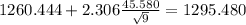 1260.444+2.306 \frac{45.580}{\sqrt{9}}= 1295.480